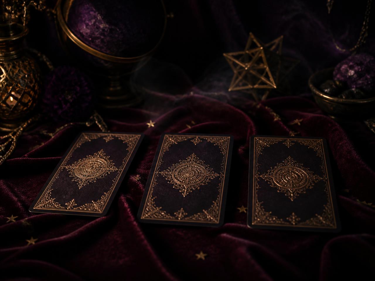 Três cartas de tarot fechadas sobre veludo vinho com detalhes dourados